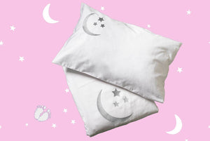 Moon and stars embroidered cot bed duvet cover and pillowcase in sateen organic cotton