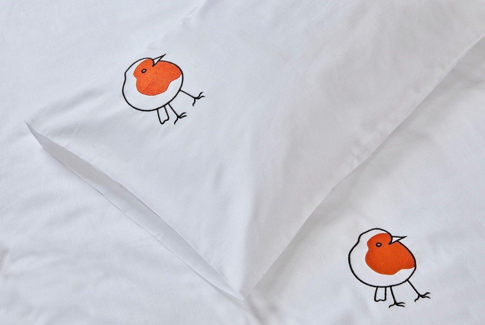 Cot bed duvet cover and pillowcase, organic cotton, robin